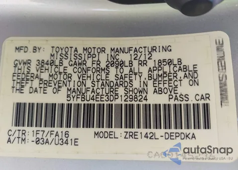 2013 Toyota Corolla L из США, поврежденный, VIN 5YFBU4EE3DP129824